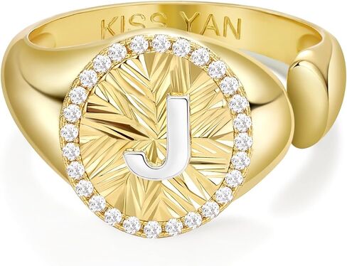 KissYan Initial Ring for Women,14K Gold Plated Adjustable CZ Halo Monogram Signet Letter Ring, Tarnish Resistant Personalized Statement Jewelry Gift in Kuwait