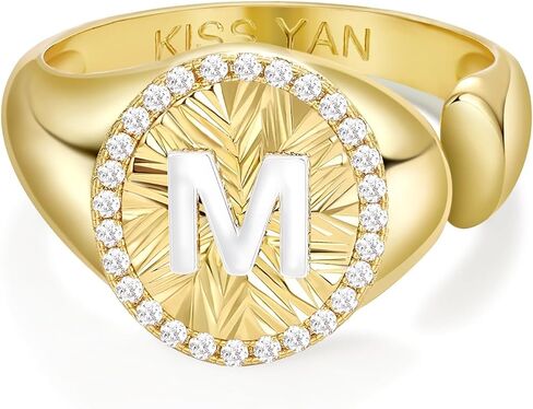 KissYan Initial Ring for Women,14K Gold Plated Adjustable CZ Halo Monogram Signet Letter Ring, Tarnish Resistant Personalized Statement Jewelry Gift in Kuwait