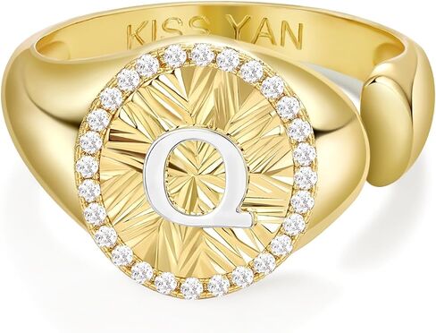 KissYan Initial Ring for Women,14K Gold Plated Adjustable CZ Halo Monogram Signet Letter Ring, Tarnish Resistant Personalized Statement Jewelry Gift in Kuwait