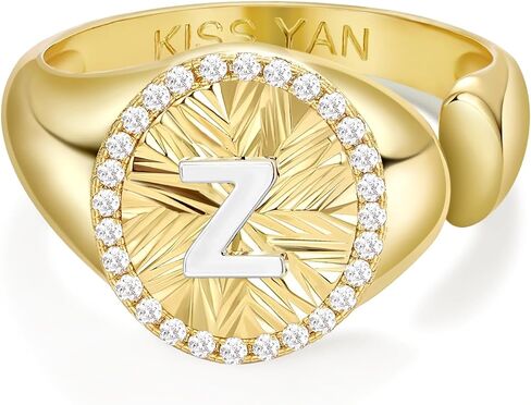 KissYan Initial Ring for Women,14K Gold Plated Adjustable CZ Halo Monogram Signet Letter Ring, Tarnish Resistant Personalized Statement Jewelry Gift in Kuwait