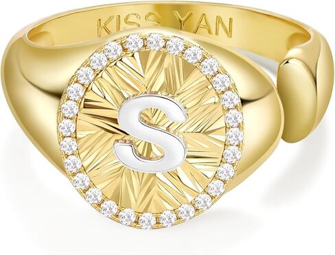 KissYan Initial Ring for Women,14K Gold Plated Adjustable CZ Halo Monogram Signet Letter Ring, Tarnish Resistant Personalized Statement Jewelry Gift in Kuwait
