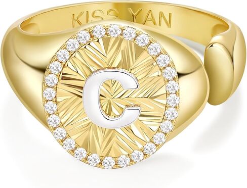 KissYan Initial Ring for Women,14K Gold Plated Adjustable CZ Halo Monogram Signet Letter Ring, Tarnish Resistant Personalized Statement Jewelry Gift in Kuwait