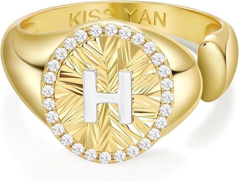KissYan Initial Ring for Women,14K Gold Plated Adjustable CZ Halo Monogram Signet Letter Ring, Tarnish Resistant Personalized Statement Jewelry Gift in Kuwait