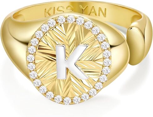 KissYan Initial Ring for Women,14K Gold Plated Adjustable CZ Halo Monogram Signet Letter Ring, Tarnish Resistant Personalized Statement Jewelry Gift in Kuwait