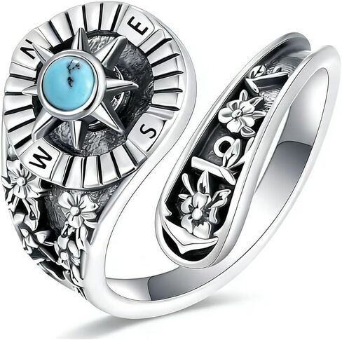 Vintage Compass Shaped Ring in 925 Sterling Silver – Adjustable Bohemian Style with Oxidized Finish, Victorian Elegance, Women's Fashion Accessory in Kuwait