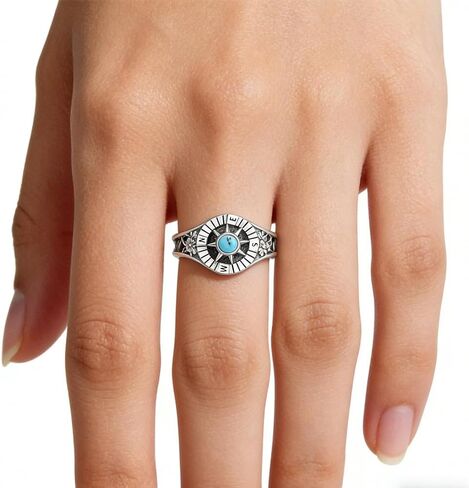 Vintage Compass Shaped Ring in 925 Sterling Silver – Adjustable Bohemian Style with Oxidized Finish, Victorian Elegance, Women's Fashion Accessory in Kuwait