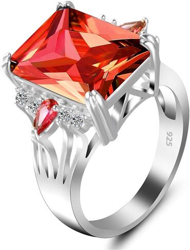 Vintage 925 Sterling Silver Ruby Ring Cocktail Rings Square Cut Red Gemstone Cubic Zirconia Anniversary Promise Ring CZ Halo Ring Eternity Engagement Wedding Band Ring for Women TZ.87 in Kuwait