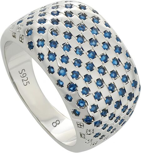 Bold Architectural Ring with Blue Zirconia, 925 Sterling Silver White Gold Plated Chunky Wide Eternity Band, Brutalist Statement Ring for Women, Maximalist Jewelry Gift in Kuwait