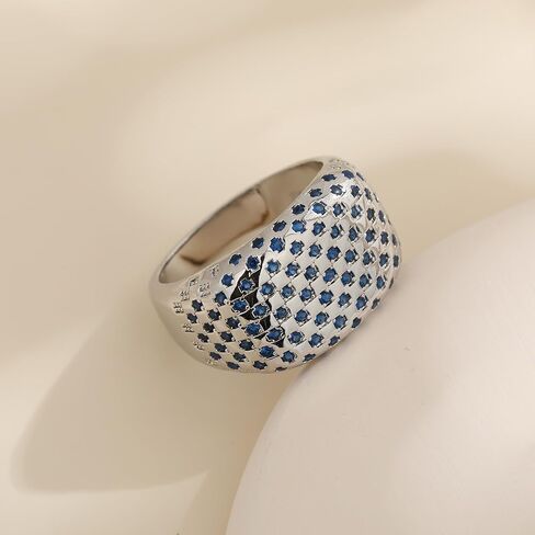 Bold Architectural Ring with Blue Zirconia, 925 Sterling Silver White Gold Plated Chunky Wide Eternity Band, Brutalist Statement Ring for Women, Maximalist Jewelry Gift in Kuwait