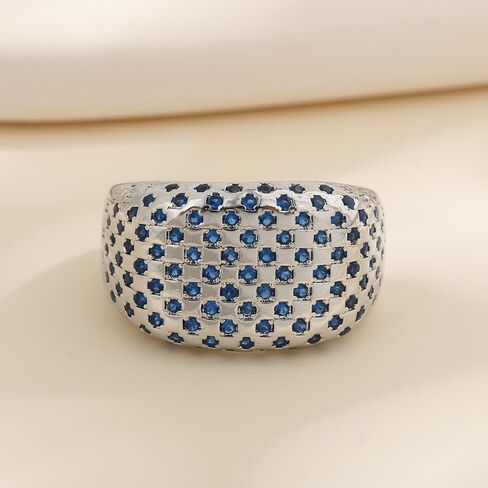 Bold Architectural Ring with Blue Zirconia, 925 Sterling Silver White Gold Plated Chunky Wide Eternity Band, Brutalist Statement Ring for Women, Maximalist Jewelry Gift in Kuwait