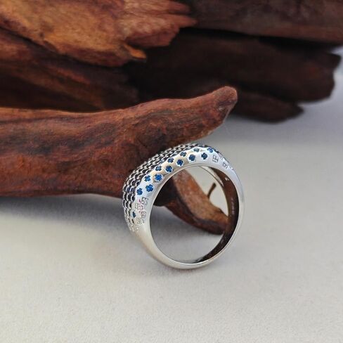 Bold Architectural Ring with Blue Zirconia, 925 Sterling Silver White Gold Plated Chunky Wide Eternity Band, Brutalist Statement Ring for Women, Maximalist Jewelry Gift in Kuwait