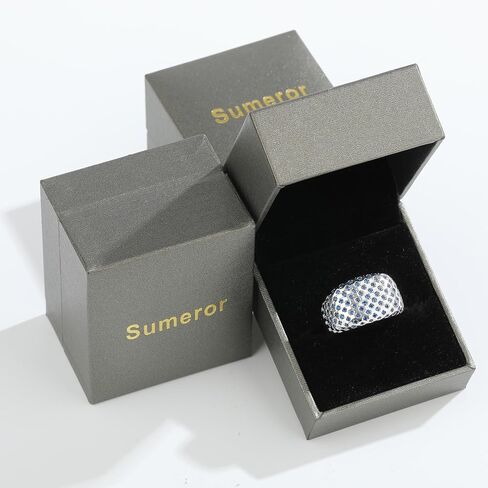 Bold Architectural Ring with Blue Zirconia, 925 Sterling Silver White Gold Plated Chunky Wide Eternity Band, Brutalist Statement Ring for Women, Maximalist Jewelry Gift in Kuwait