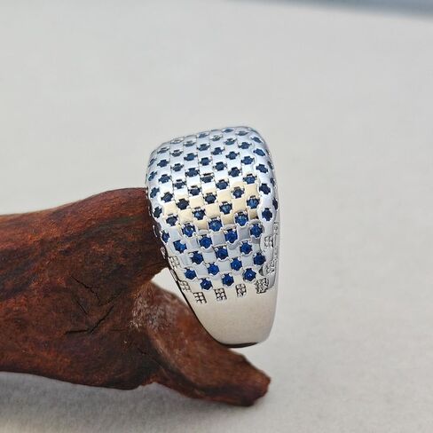 Bold Architectural Ring with Blue Zirconia, 925 Sterling Silver White Gold Plated Chunky Wide Eternity Band, Brutalist Statement Ring for Women, Maximalist Jewelry Gift in Kuwait