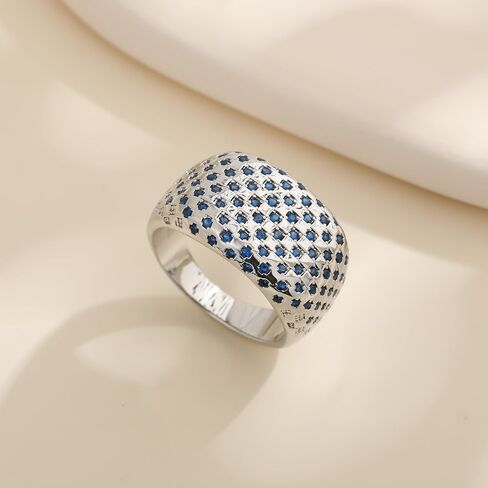 Bold Architectural Ring with Blue Zirconia, 925 Sterling Silver White Gold Plated Chunky Wide Eternity Band, Brutalist Statement Ring for Women, Maximalist Jewelry Gift in Kuwait