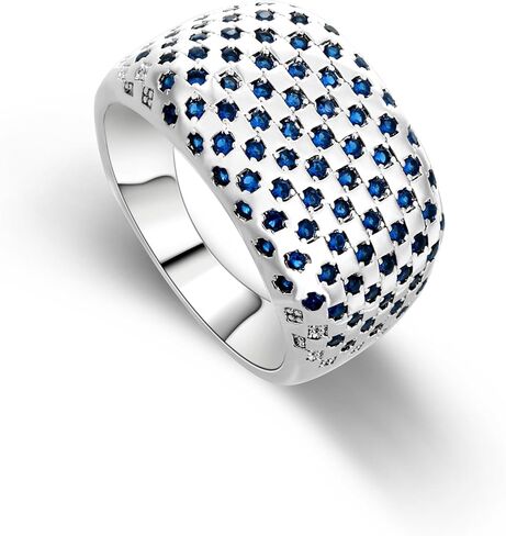 Bold Architectural Ring with Blue Zirconia, 925 Sterling Silver White Gold Plated Chunky Wide Eternity Band, Brutalist Statement Ring for Women, Maximalist Jewelry Gift in Kuwait