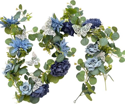 Eucalyptus Garland with Flowers - 1 Pack 5.9 FT Fake Flower Garland with Butterflies Faux Rose Greenery Garlands for Wedding Table Backdrop Arch Centerpieces Decorations - Navy Blue in Saudi Arabia