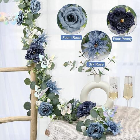 Eucalyptus Garland with Flowers - 1 Pack 5.9 FT Fake Flower Garland with Butterflies Faux Rose Greenery Garlands for Wedding Table Backdrop Arch Centerpieces Decorations - Navy Blue in Saudi Arabia