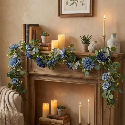 Eucalyptus Garland with Flowers - 1 Pack 5.9 FT Fake Flower Garland with Butterflies Faux Rose Greenery Garlands for Wedding Table Backdrop Arch Centerpieces Decorations - Navy Blue in Saudi Arabia