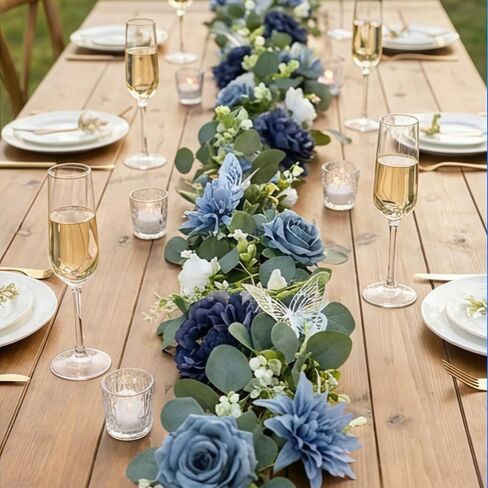 Eucalyptus Garland with Flowers - 1 Pack 5.9 FT Fake Flower Garland with Butterflies Faux Rose Greenery Garlands for Wedding Table Backdrop Arch Centerpieces Decorations - Navy Blue in Saudi Arabia