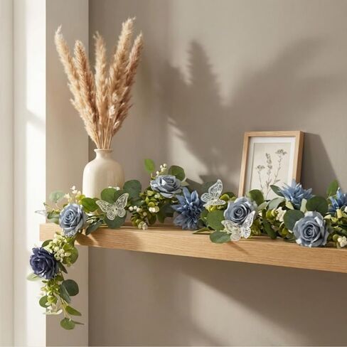 Eucalyptus Garland with Flowers - 1 Pack 5.9 FT Fake Flower Garland with Butterflies Faux Rose Greenery Garlands for Wedding Table Backdrop Arch Centerpieces Decorations - Navy Blue in Saudi Arabia