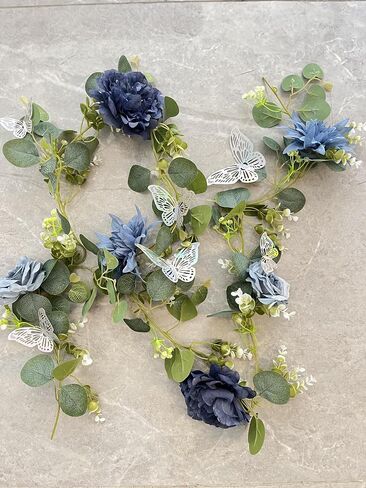 Eucalyptus Garland with Flowers - 1 Pack 5.9 FT Fake Flower Garland with Butterflies Faux Rose Greenery Garlands for Wedding Table Backdrop Arch Centerpieces Decorations - Navy Blue in Saudi Arabia