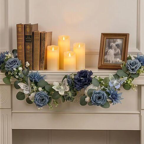 Eucalyptus Garland with Flowers - 1 Pack 5.9 FT Fake Flower Garland with Butterflies Faux Rose Greenery Garlands for Wedding Table Backdrop Arch Centerpieces Decorations - Navy Blue in Saudi Arabia