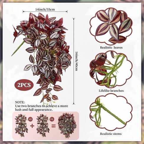2pcs Fake Wandering Jew Hanging Plant 16″ 87 Leaves Faux Eyebrow Vine Realistic Silk Artificial Eyebrow Leaves Flowers for Home Office Wall Indoor Outdoor Garden Party Decoration (Red) in Saudi Arabia