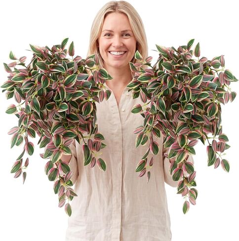 2pcs Fake Wandering Jew Hanging Plant 16″ 87 Leaves Faux Eyebrow Vine Realistic Silk Artificial Eyebrow Leaves Flowers for Home Office Wall Indoor Outdoor Garden Party Decoration (Red) in Saudi Arabia