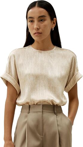 LilySilk Women Pure Silk Blouse Top Ladies Pearl Silk Tee with Linen-Inspired Print Chic Rolled Cuffs in Kuwait