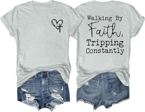 Christian Shirts for Women Walking by Faith Tripping Constantly T Shirt Religious Jesus Inspirational Tees Tops in Saudi Arabia