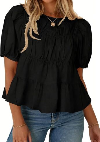 Womens Puff Sleeve Babydoll Peplum Tops 2026 Summer Cotton Tshirts Smoked Pleated Loose Dressy Casual Flowy Blouse in Saudi Arabia