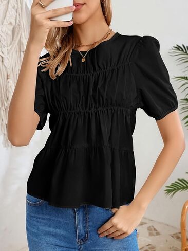 Womens Puff Sleeve Babydoll Peplum Tops 2026 Summer Cotton Tshirts Smoked Pleated Loose Dressy Casual Flowy Blouse in Saudi Arabia