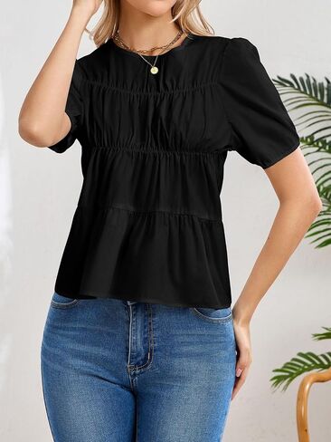 Womens Puff Sleeve Babydoll Peplum Tops 2026 Summer Cotton Tshirts Smoked Pleated Loose Dressy Casual Flowy Blouse in Saudi Arabia