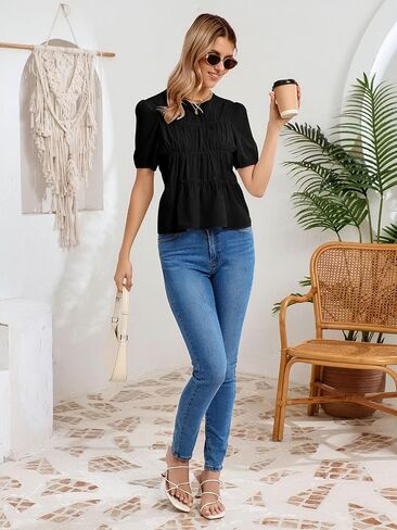 Womens Puff Sleeve Babydoll Peplum Tops 2026 Summer Cotton Tshirts Smoked Pleated Loose Dressy Casual Flowy Blouse in Saudi Arabia