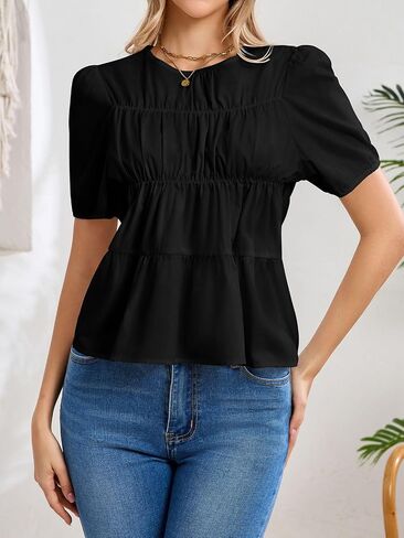 Womens Puff Sleeve Babydoll Peplum Tops 2026 Summer Cotton Tshirts Smoked Pleated Loose Dressy Casual Flowy Blouse in Saudi Arabia