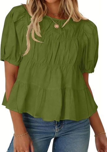 Womens Puff Sleeve Babydoll Peplum Tops 2026 Summer Cotton Tshirts Smoked Pleated Loose Dressy Casual Flowy Blouse in Saudi Arabia