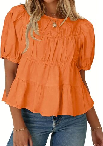 Womens Puff Sleeve Babydoll Peplum Tops 2026 Summer Cotton Tshirts Smoked Pleated Loose Dressy Casual Flowy Blouse in Saudi Arabia
