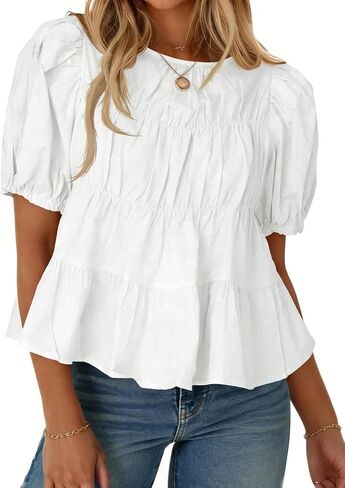Womens Puff Sleeve Babydoll Peplum Tops 2026 Summer Cotton Tshirts Smoked Pleated Loose Dressy Casual Flowy Blouse in Saudi Arabia