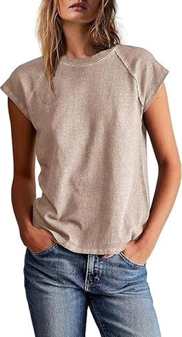 Pinclodly Basic Tees for Women Short Sleeve Crewneck Tshirts Casual Cap Sleeve Summer Tops Exposed Seam Cotton Fitted Shirts in Saudi Arabia