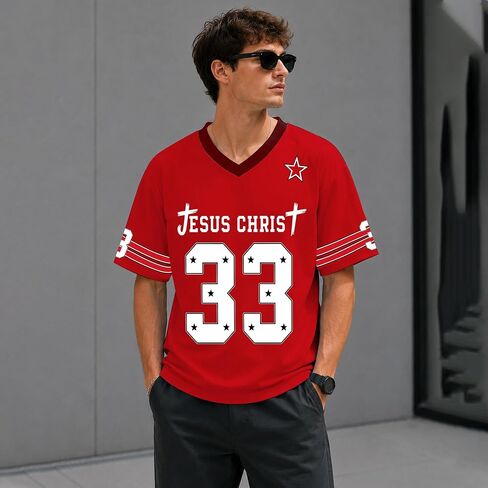 Jesus Jersey Oversized V Neck Christian T-Shirts for Men Women Y2k 33 Graphic Football Jersey Streetwear Top in Saudi Arabia