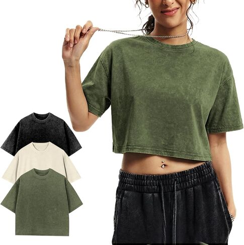 Yimoon Cropped T Shirts for Women Vintage Acid Wash Tees Short Sleeve Cotton Crop Top(BlackGreyApricot-S) in Kuwait