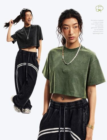 Yimoon Cropped T Shirts for Women Vintage Acid Wash Tees Short Sleeve Cotton Crop Top(BlackGreyApricot-S) in Kuwait