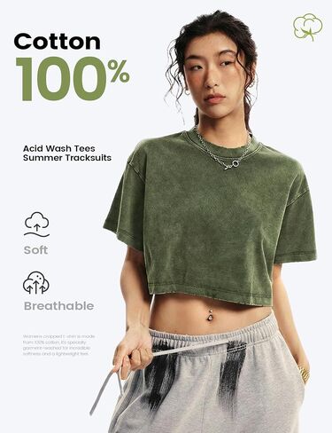 Yimoon Cropped T Shirts for Women Vintage Acid Wash Tees Short Sleeve Cotton Crop Top(BlackGreyApricot-S) in Kuwait