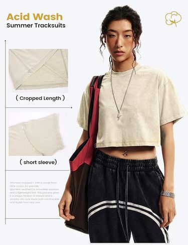 Yimoon Cropped T Shirts for Women Vintage Acid Wash Tees Short Sleeve Cotton Crop Top(BlackGreyApricot-S) in Kuwait
