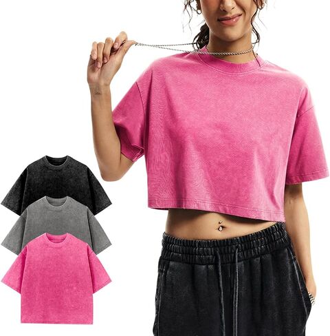 Yimoon Cropped T Shirts for Women Vintage Acid Wash Tees Short Sleeve Cotton Crop Top(BlackGreyApricot-S) in Kuwait