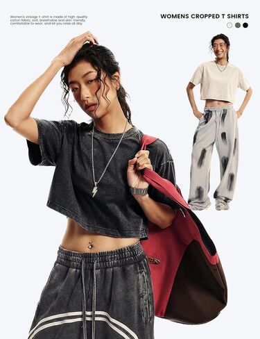 Yimoon Cropped T Shirts for Women Vintage Acid Wash Tees Short Sleeve Cotton Crop Top(BlackGreyApricot-S) in Kuwait