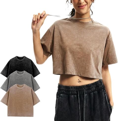 Yimoon Cropped T Shirts for Women Vintage Acid Wash Tees Short Sleeve Cotton Crop Top(BlackGreyApricot-S) in Kuwait