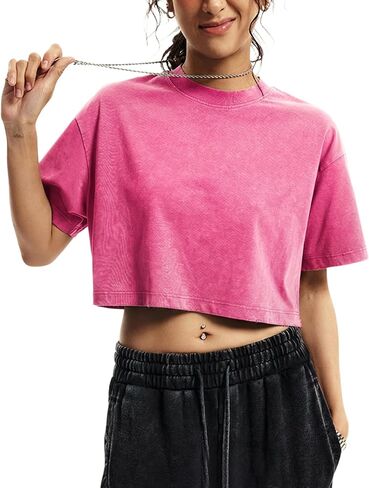 Yimoon Cropped T Shirts for Women Vintage Acid Wash Tees Short Sleeve Cotton Crop Top(BlackGreyApricot-S) in Kuwait