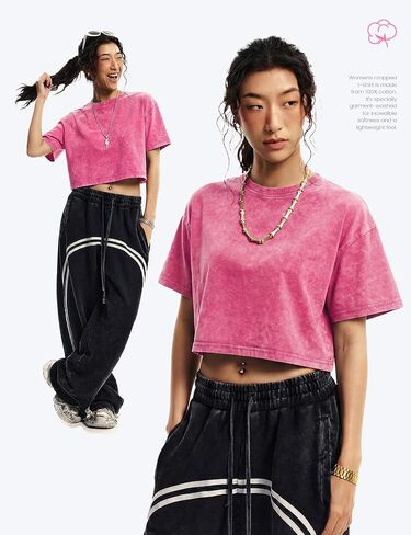Yimoon Cropped T Shirts for Women Vintage Acid Wash Tees Short Sleeve Cotton Crop Top(BlackGreyApricot-S) in Kuwait