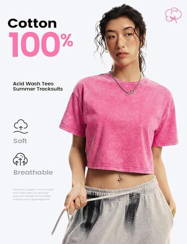 Yimoon Cropped T Shirts for Women Vintage Acid Wash Tees Short Sleeve Cotton Crop Top(BlackGreyApricot-S) in Kuwait